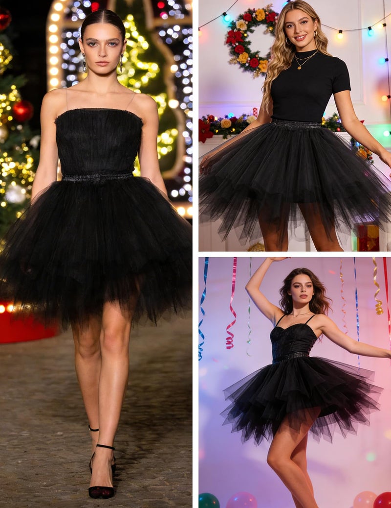 Bbonlinedress Black Tutu for Women Adult Mini Puffy Tulle Skirt for Mardi Gras Masquerade Gothic Fairy Costume Bachelorette Party Ballet Dance Skirts Black S - Image 4